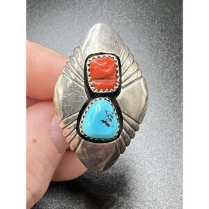 Vintage Native American Navajo Turquoise And Coral Silver Ring‎ Signed S Dickens